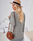 Gray Crochet Contrast V-Neck Long Sleeve Slit T-Shirt