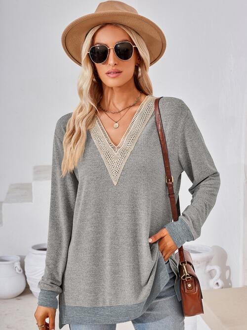 Gray Crochet Contrast V-Neck Long Sleeve Slit T-Shirt