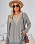 Gray Crochet Contrast V-Neck Long Sleeve Slit T-Shirt