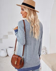 Gray Crochet Contrast V-Neck Long Sleeve Slit T-Shirt