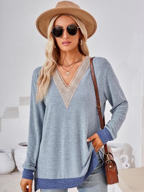 Gray Crochet Contrast V-Neck Long Sleeve Slit T-Shirt