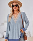 Gray Crochet Contrast V-Neck Long Sleeve Slit T-Shirt