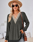 Dark Slate Gray Crochet Contrast V-Neck Long Sleeve Slit T-Shirt