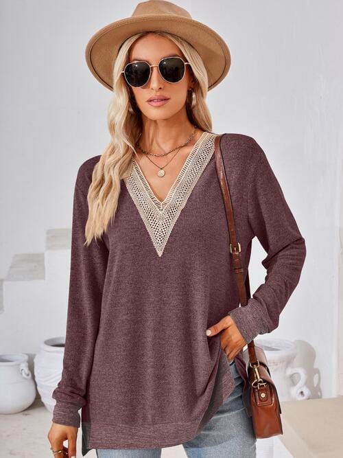 Gray Crochet Contrast V-Neck Long Sleeve Slit T-Shirt