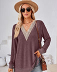 Gray Crochet Contrast V-Neck Long Sleeve Slit T-Shirt