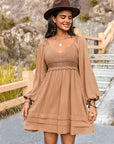 Rosy Brown Crochet V-Neck Balloon Sleeve Dress