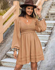 Rosy Brown Crochet V-Neck Balloon Sleeve Dress