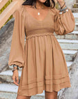 Rosy Brown Crochet V-Neck Balloon Sleeve Dress