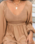 Rosy Brown Crochet V-Neck Balloon Sleeve Dress