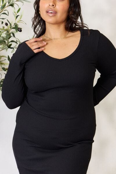 Black Culture Code Full Size Ribbed Long Sleeve Midi Slit Dress