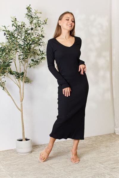 Light Gray Culture Code Full Size Ribbed Long Sleeve Midi Slit Dress