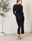 Light Gray Culture Code Full Size Ribbed Long Sleeve Midi Slit Dress