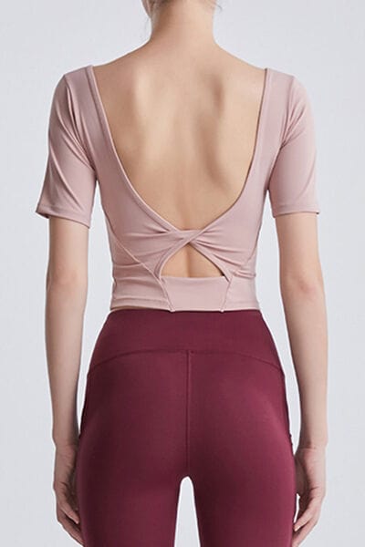 Saddle Brown Cutout Backless Round Neck Active T-Shirt