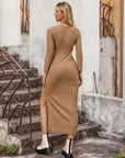 Rosy Brown Cutout V-Neck Long Sleeve Slit Dress