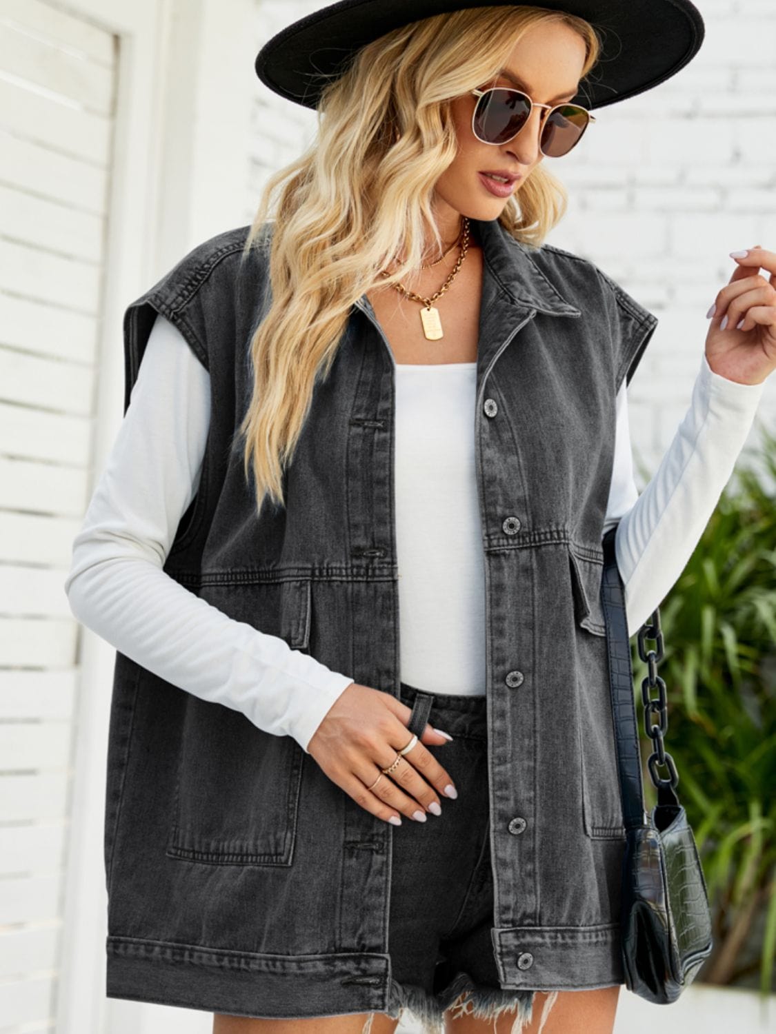 Dark Slate Gray Collared Neck Sleeveless Denim Top with Pockets