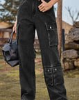 Dark Slate Gray Loose Fit Long Jeans with Pockets