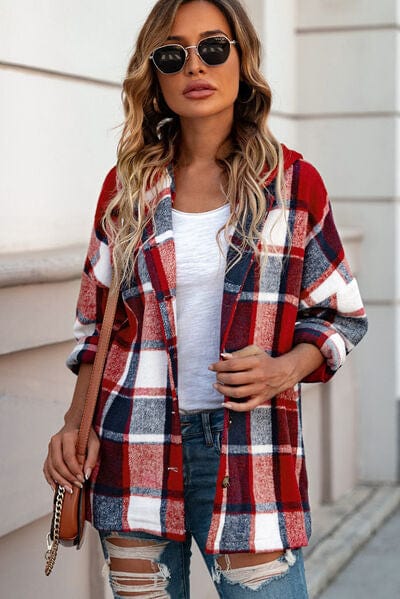 Gray Button Up Plaid Hooded Jacket