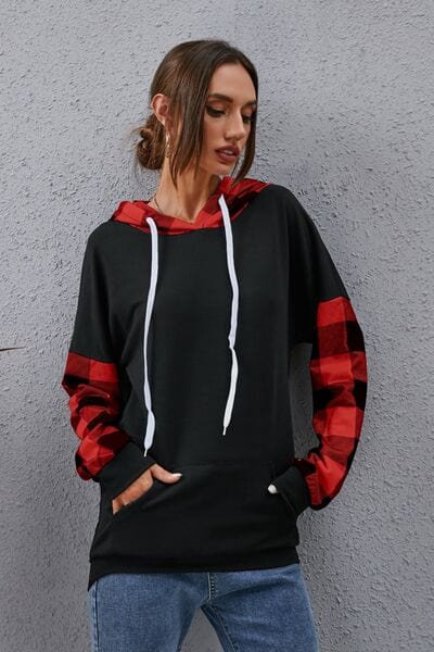 Slate Gray Plaid Drawstring Dropped Shoulder Hoodie