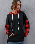 Slate Gray Plaid Drawstring Dropped Shoulder Hoodie