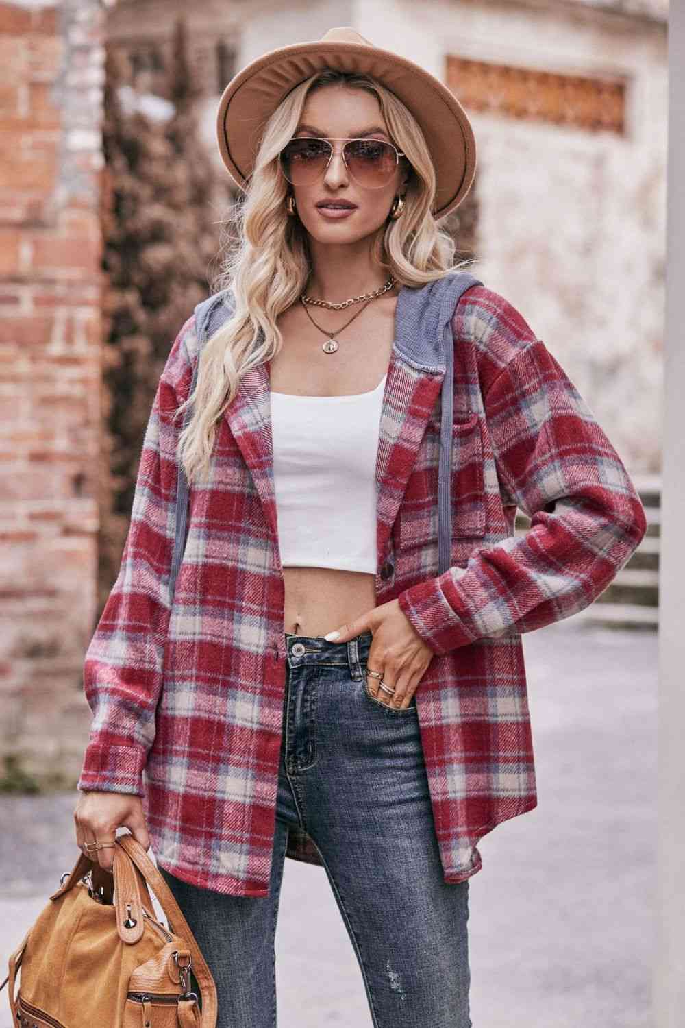 Rosy Brown Plaid Dropped Shoulder Hooded Longline Jacket