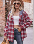 Rosy Brown Plaid Dropped Shoulder Hooded Longline Jacket