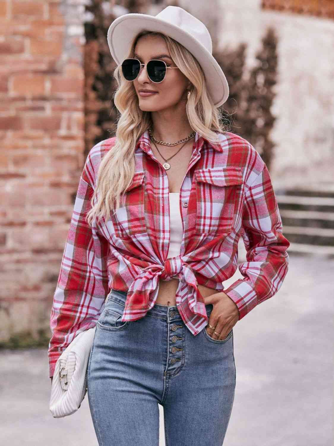 Rosy Brown Plaid Dropped Shoulder Longline Shirt