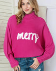 Gray Merry Letter Embroidered High Neck Sweater