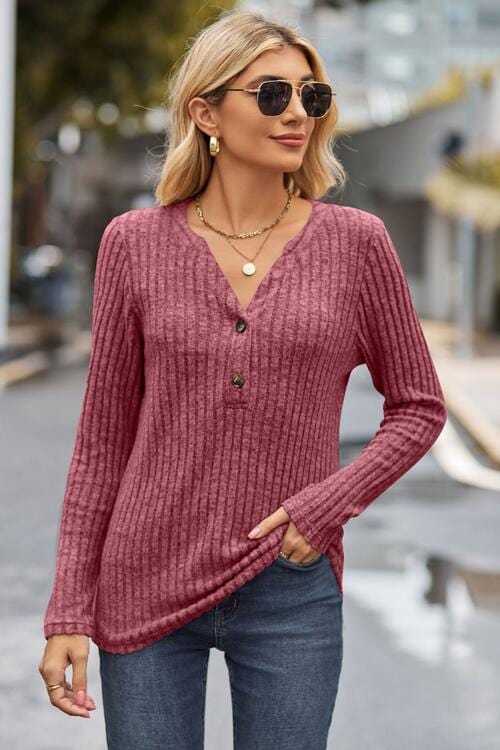 Dim Gray Ribbed Half Button Long Sleeve Knit Top