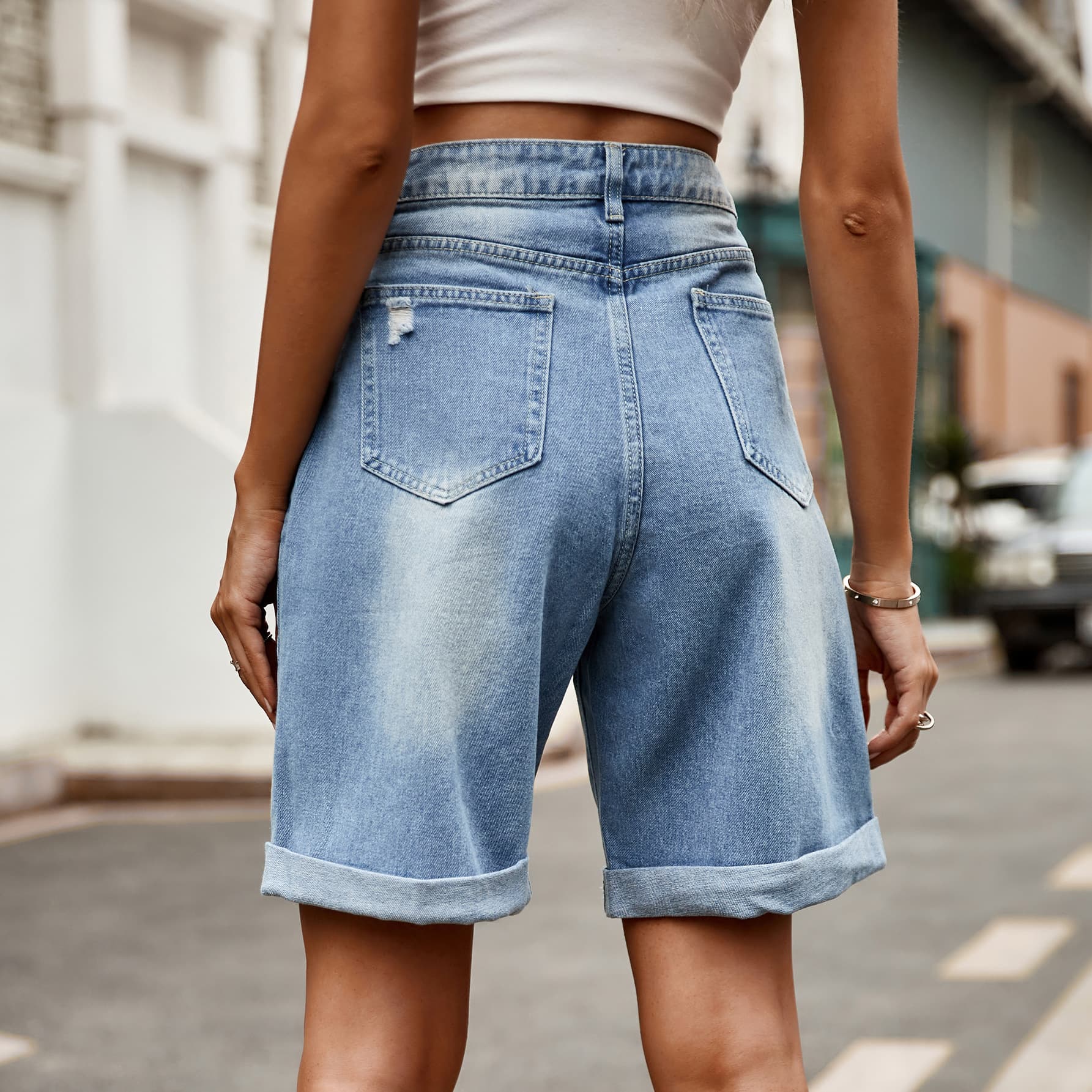 Dark Gray Distressed Buttoned Denim Shorts with Pockets