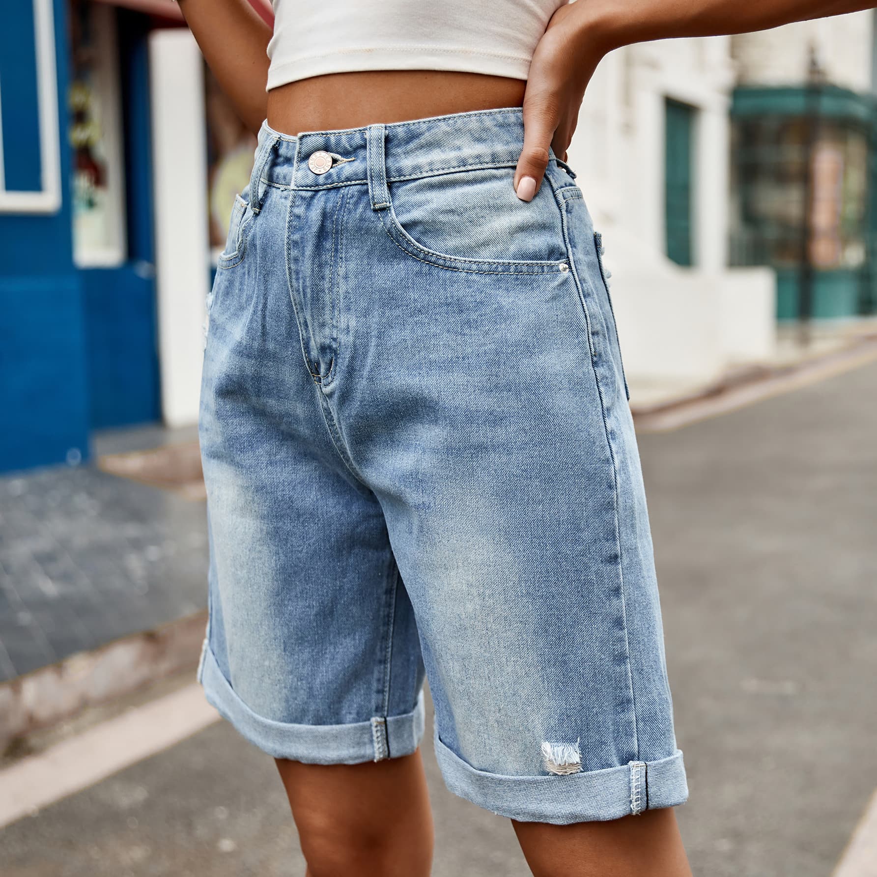 Light Slate Gray Distressed Buttoned Denim Shorts with Pockets