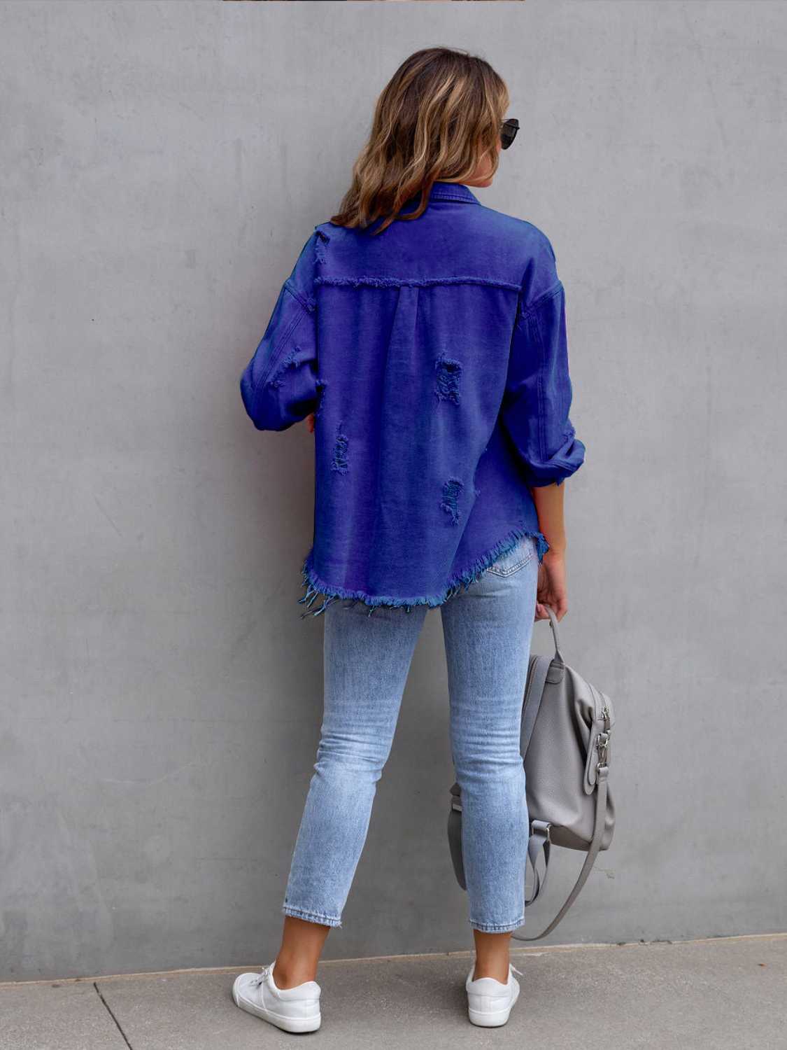 Dark Gray Distressed Drop Shoulder Denim Jacket