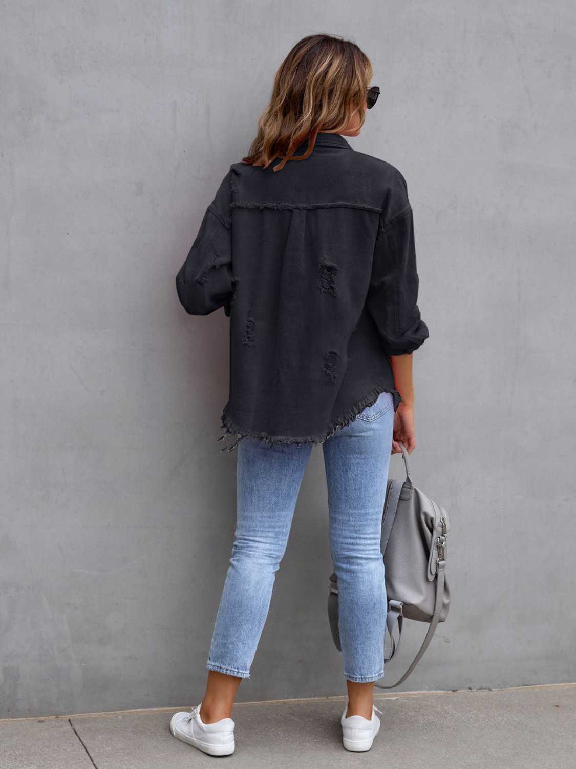 Dark Gray Distressed Drop Shoulder Denim Jacket