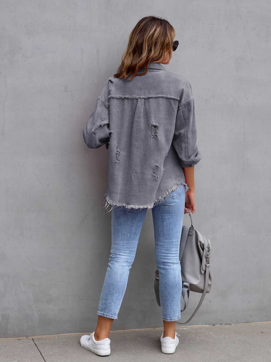 Light Slate Gray Distressed Drop Shoulder Denim Jacket