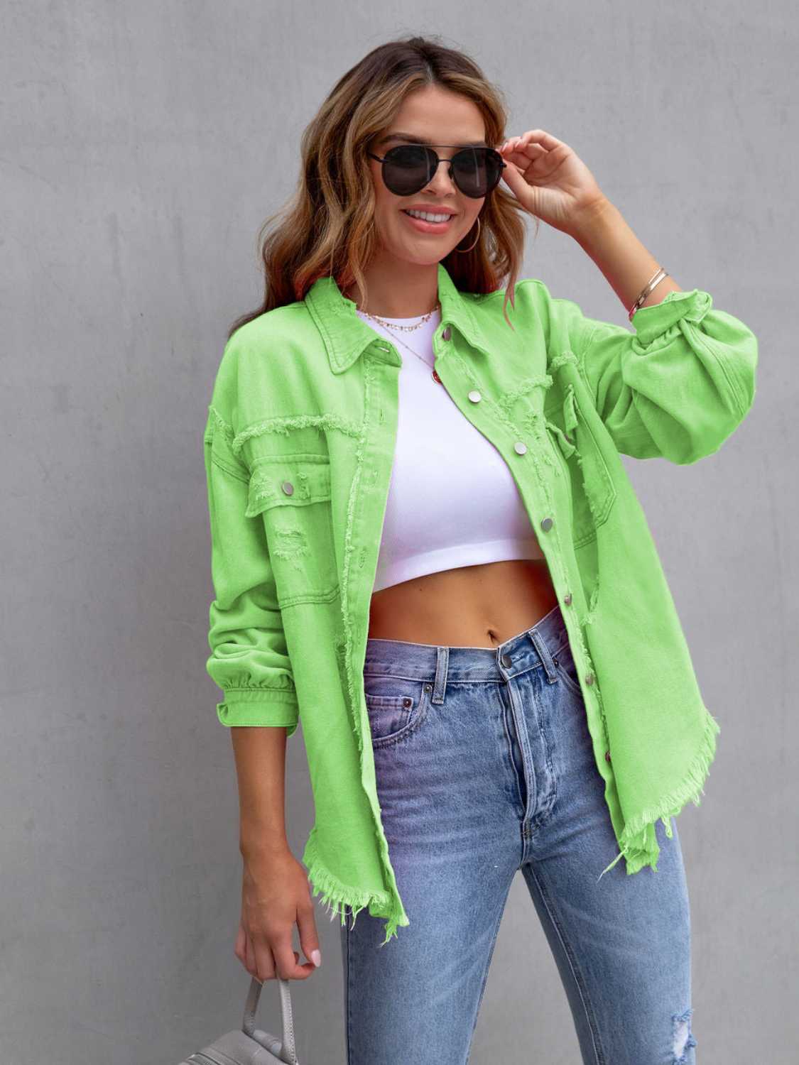 Dark Sea Green Distressed Drop Shoulder Denim Jacket