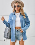 Light Gray Distressed Raw Hem Dropped Shoulder Denim Jacket