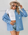 Light Gray Distressed Raw Hem Dropped Shoulder Denim Jacket