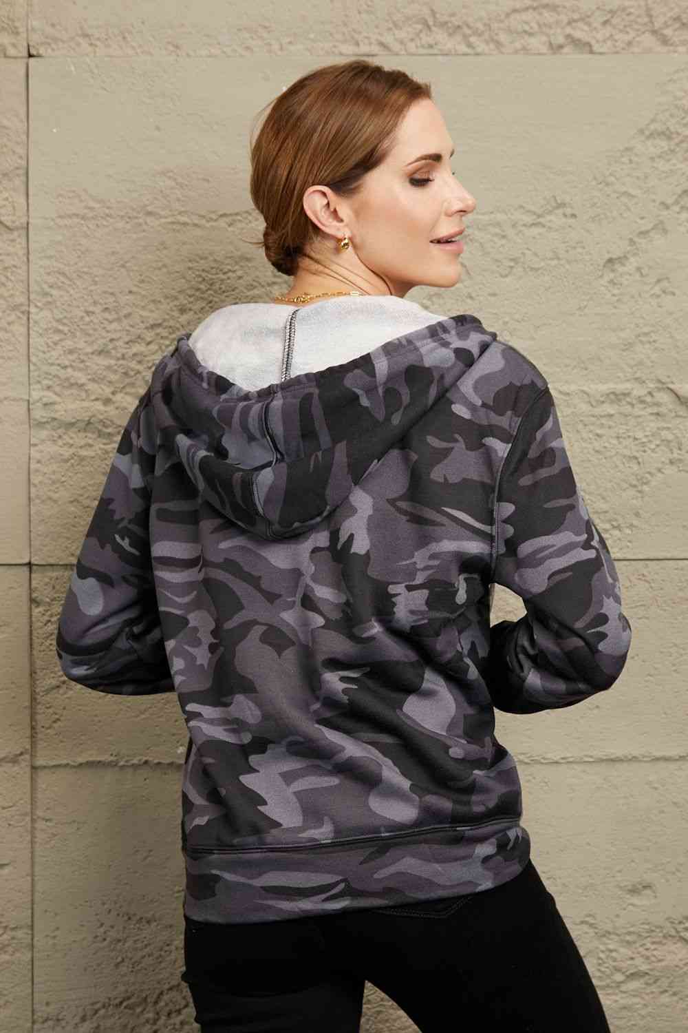 Rosy Brown Double Take Camouflage Drawstring Detail Zip Up Hooded Jacket