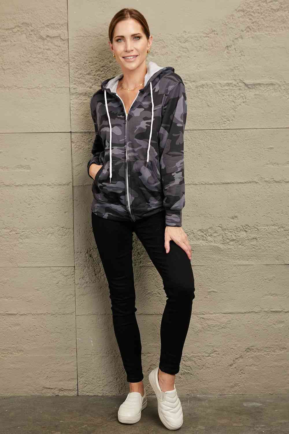 Rosy Brown Double Take Camouflage Drawstring Detail Zip Up Hooded Jacket