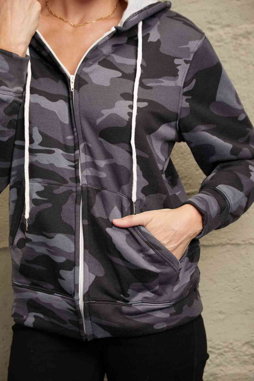 Dark Slate Gray Double Take Camouflage Drawstring Detail Zip Up Hooded Jacket