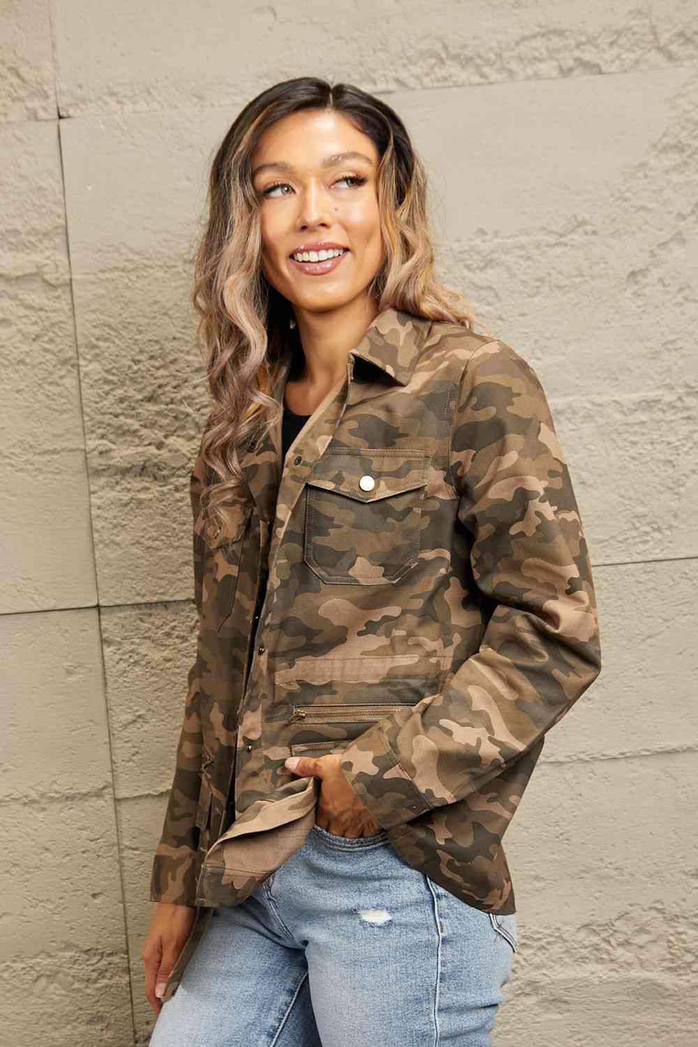 Rosy Brown Double Take Camouflage Snap Down Jacket