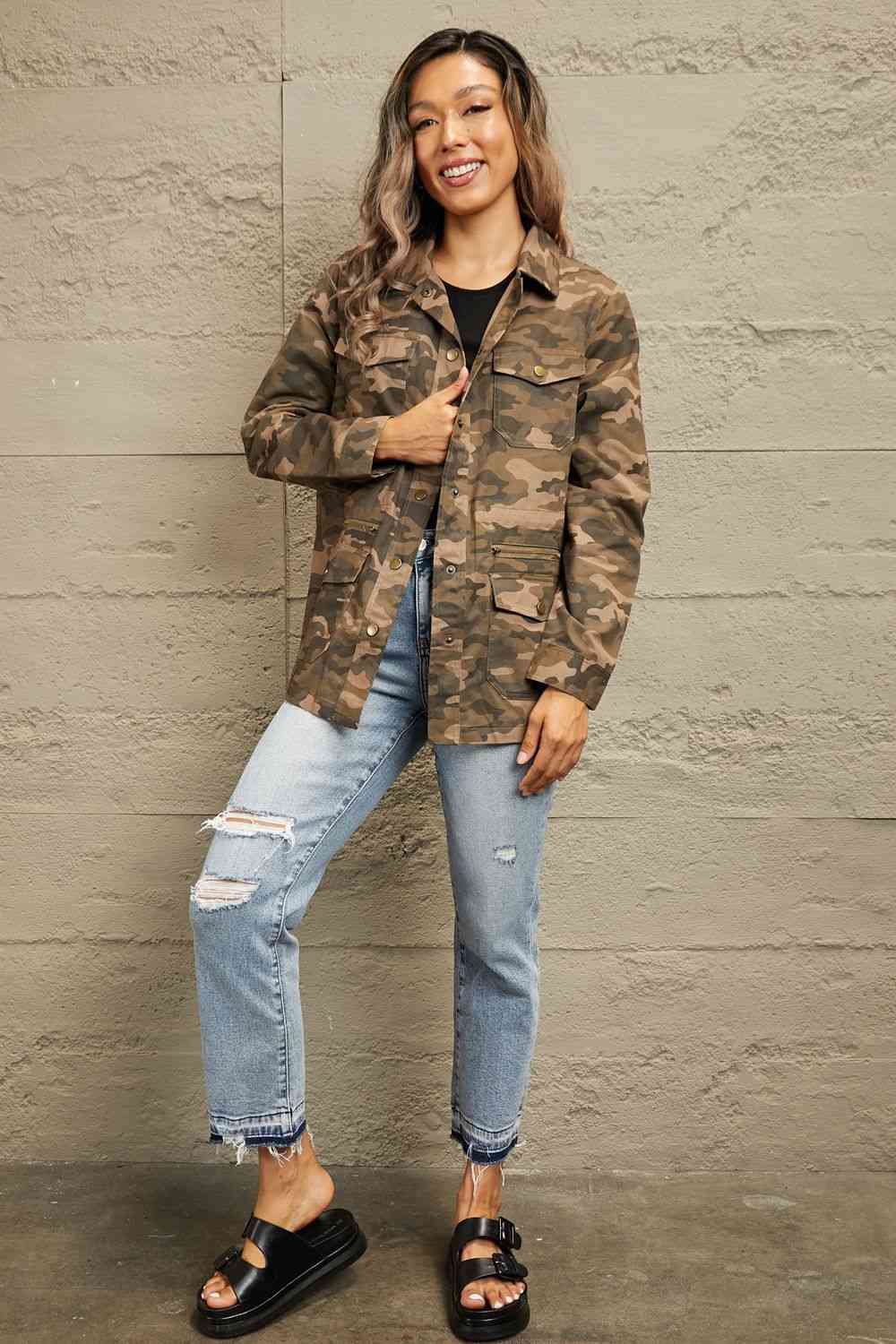 Rosy Brown Double Take Camouflage Snap Down Jacket