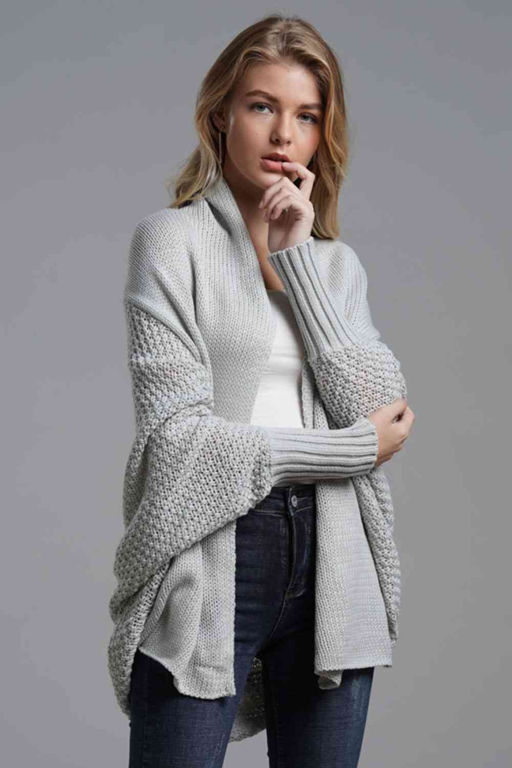 Light Slate Gray Double Take Dolman Sleeve Open Front Ribbed Trim Longline Cardigan