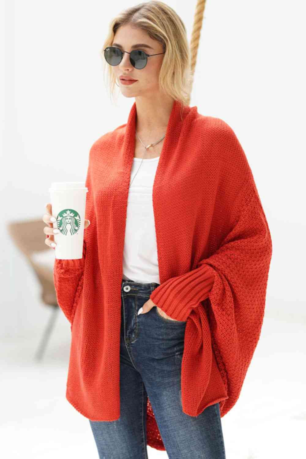 Firebrick Double Take Dolman Sleeve Open Front Ribbed Trim Longline Cardigan