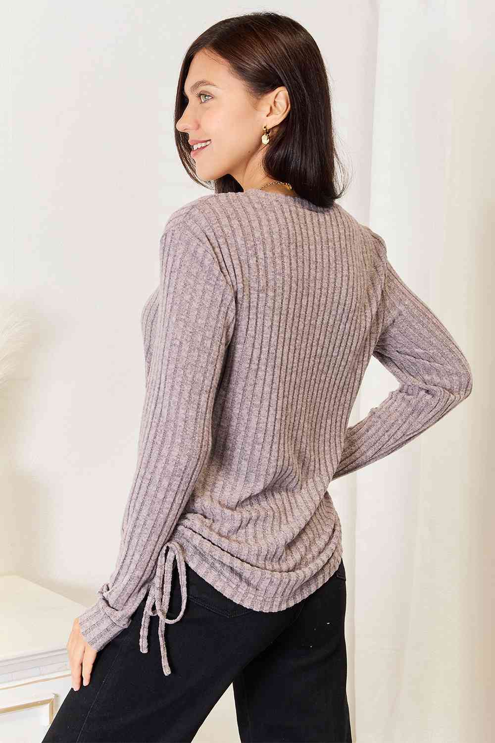 Light Gray Double Take Drawstring Ribbed Long Sleeve T-Shirt