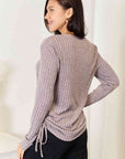 Light Gray Double Take Drawstring Ribbed Long Sleeve T-Shirt