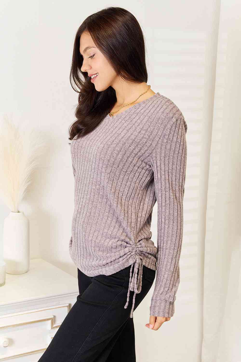 Light Gray Double Take Drawstring Ribbed Long Sleeve T-Shirt