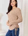 Light Gray Double Take Drawstring Ribbed Long Sleeve T-Shirt