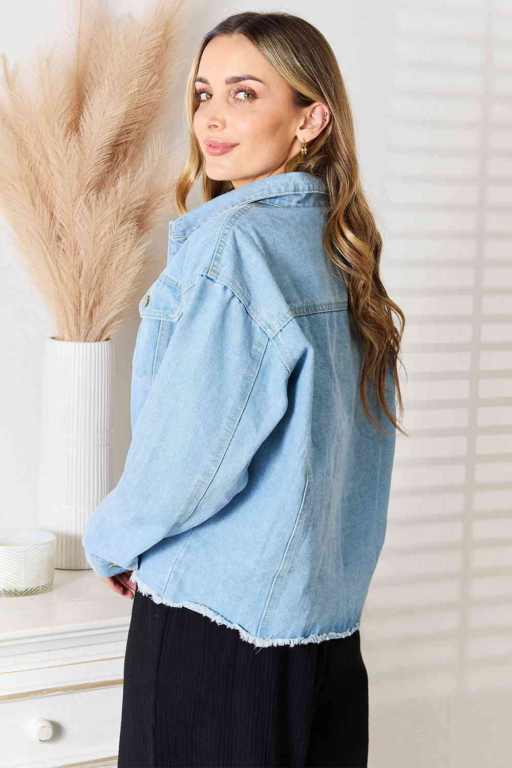 Light Gray Double Take Dropped Shoulder Raw Hem Denim Jacket