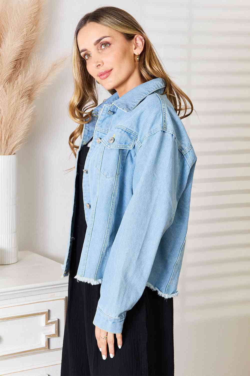 Light Gray Double Take Dropped Shoulder Raw Hem Denim Jacket