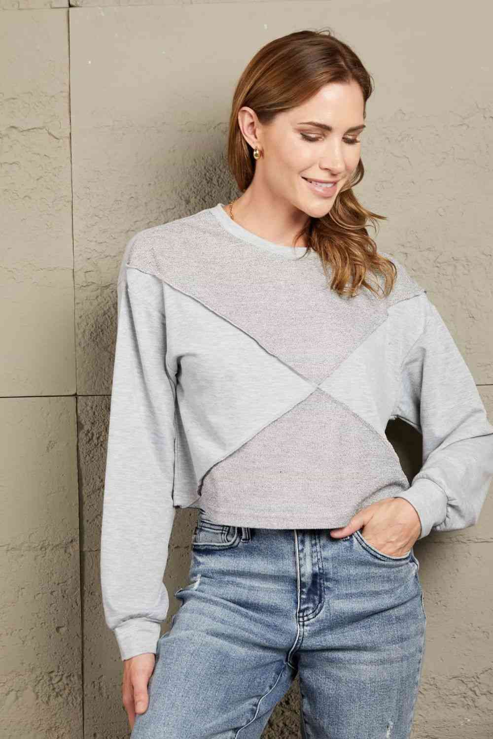 Dark Gray Double Take Exposed Seam Round Neck Cropped Top